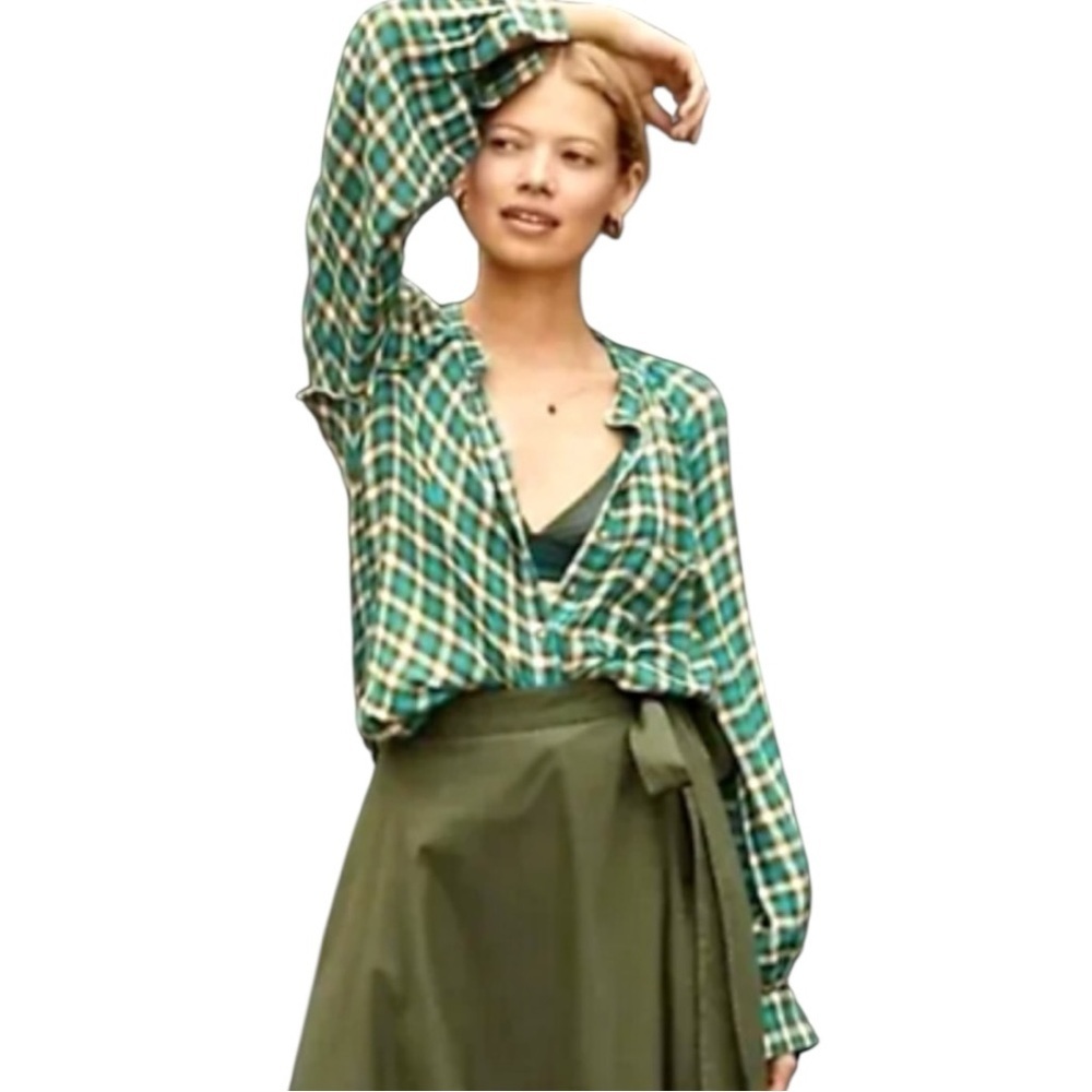 Pilcro Anthropologie Small Green Blue Plaid Wool Blend Button Front Blouse